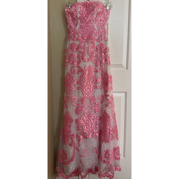 Jovani Dresses & Skirts - Jovani Strapless Long Gown Pink Ribbon White Layers Sequins 0